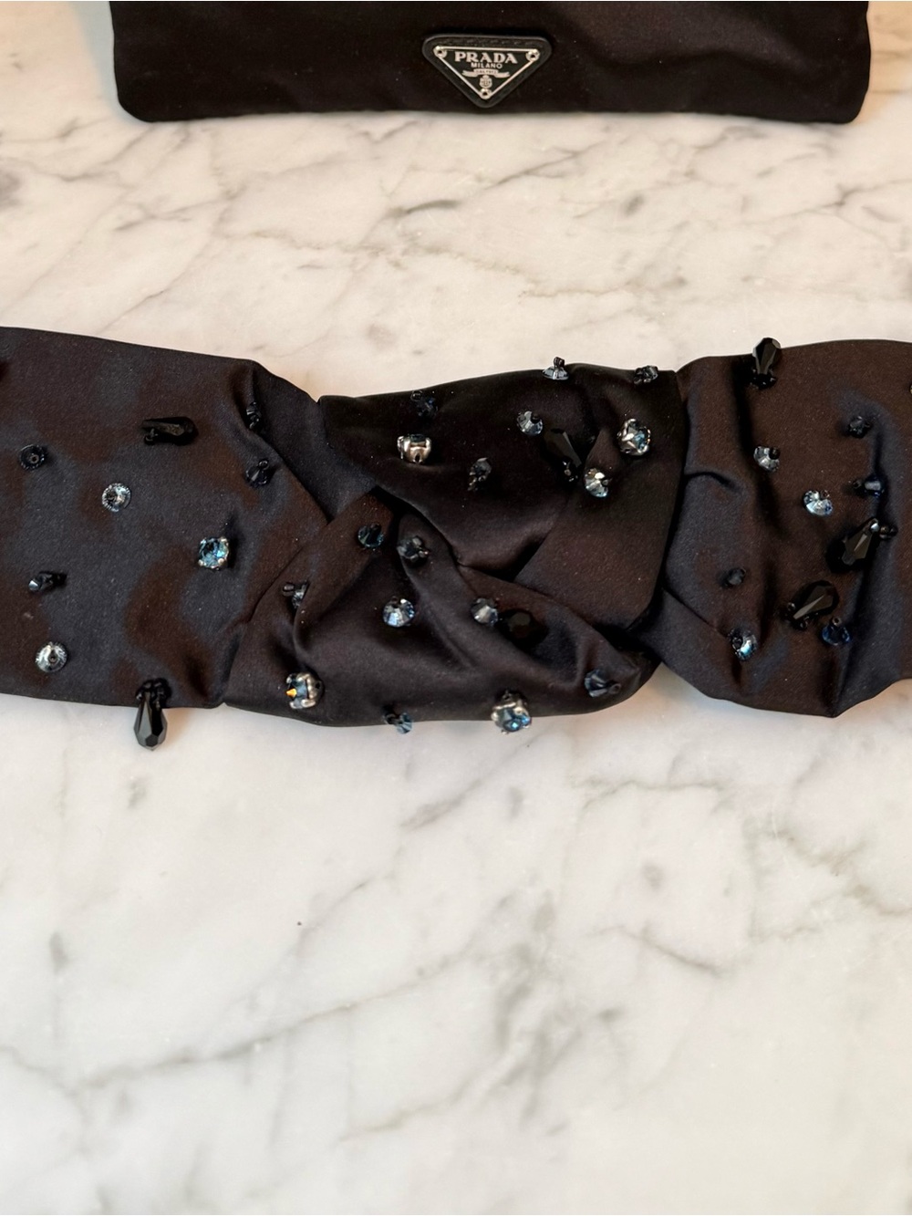 Prada Black Satin Knotted Headband with Crystal Beads and Elastic Back